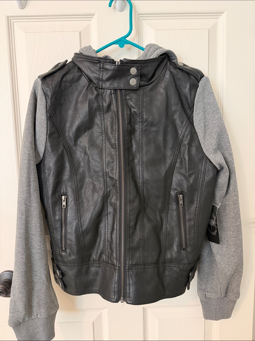 Ambiance Black Faux Leather Jacket with Gray Sleeves